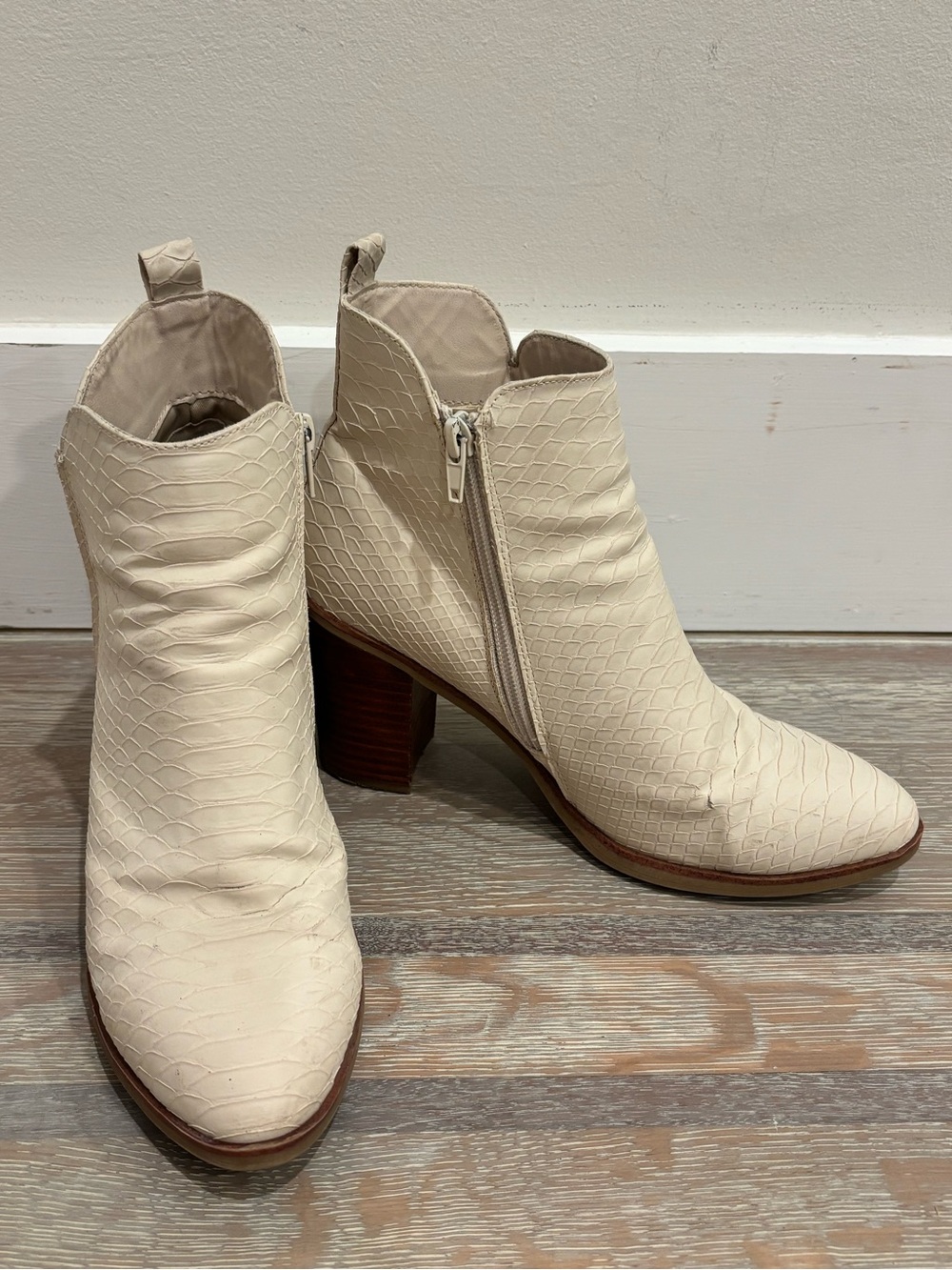 MIA Cream Textured Ankle Booties with Block Heel